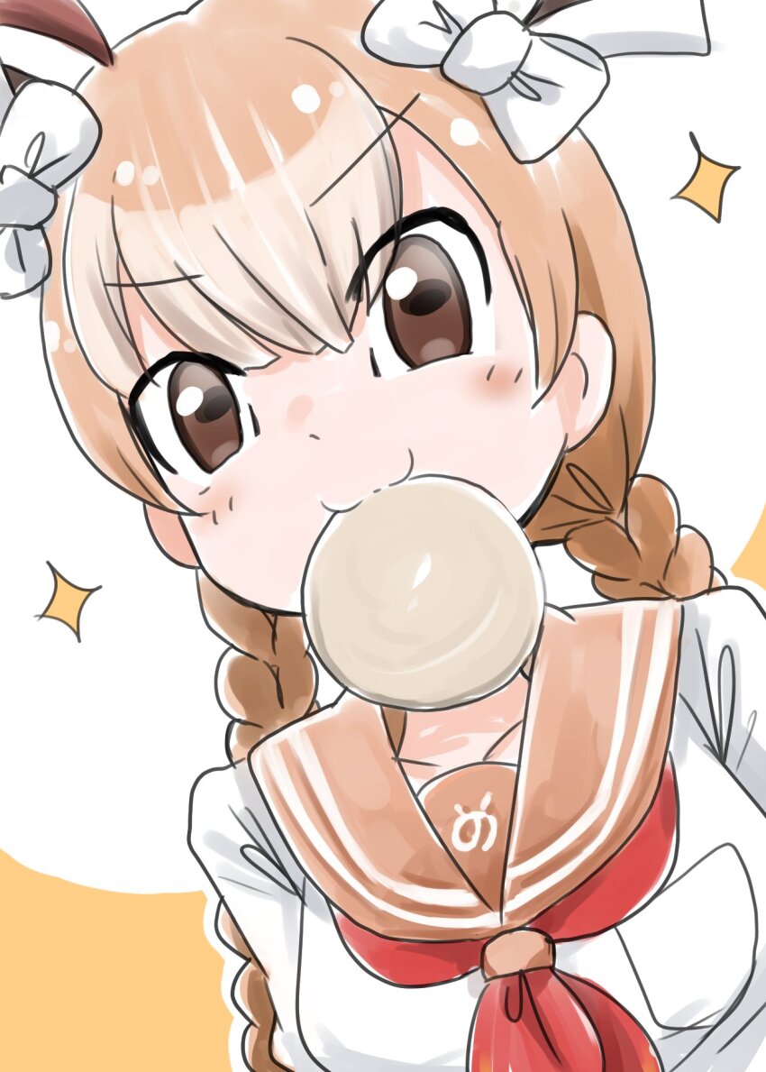 1girl :3 animal_ears antlers aw_r0s bow braid brown_eyes brown_hair cookie deer_antlers deer_ears deer_girl extra_ears food food_in_mouth hair_between_eyes hair_bow highres horns japari_symbol kemono_friends multicolored_hair neckerchief red_neckerchief sailor_collar school_uniform serafuku shirt short_sleeves sidelocks sika_deer_(kemono_friends) solo t-shirt twin_braids upper_body white_bow white_hair white_shirt