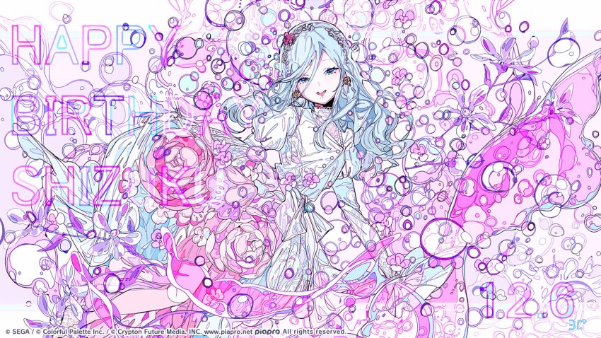 1girl artist_name blue_eyes blue_hair character_name commentary_request copyright_notice dress earrings flower_earrings guest_art happy_birthday highres hinomori_shizuku jewelry juliet_sleeves long_hair long_sleeves looking_at_viewer n79oqc3yja6jlof official_art pink_theme project_sekai puffy_sleeves second-party_source solo water_drop