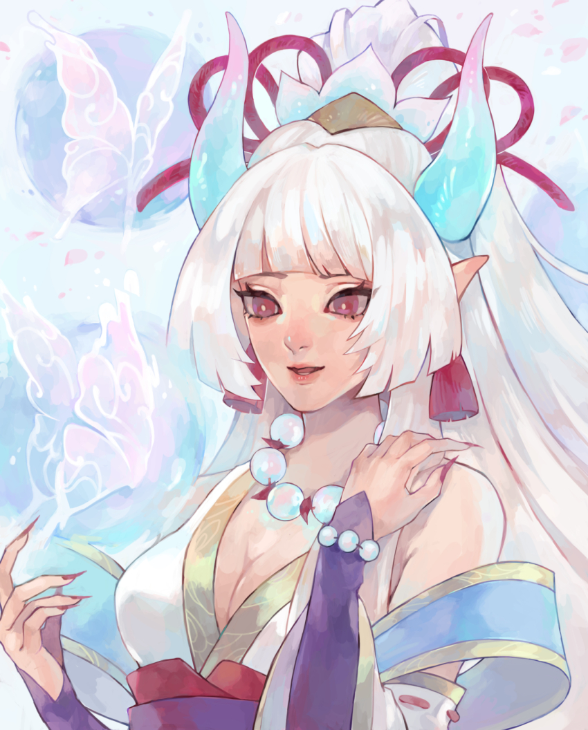 1girl breasts bug butterfly cleavage earrings fingernails flower green_horns hair_flower hair_ornament hair_ribbon hands_up highres horns insect jewelry large_breasts league_of_legends long_hair nail_polish open_mouth pointy_ears ponytail red_ribbon ribbon sharp_fingernails shibakawa_fugu_neko smile solo spirit_blossom_syndra syndra upper_body white_hair