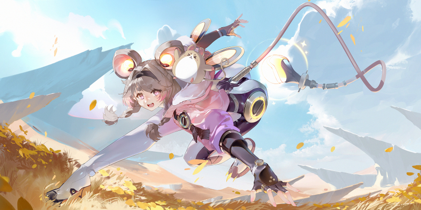 1girl :d absurdres black_hairband cloud day fingerless_gloves full_body gloves grey_hair hairband highres jacket lumi_(wuthering_waves) mechanical_tail open_mouth outdoors pink_eyes pink_jacket ribao smile solo tail thick_eyebrows wuthering_waves