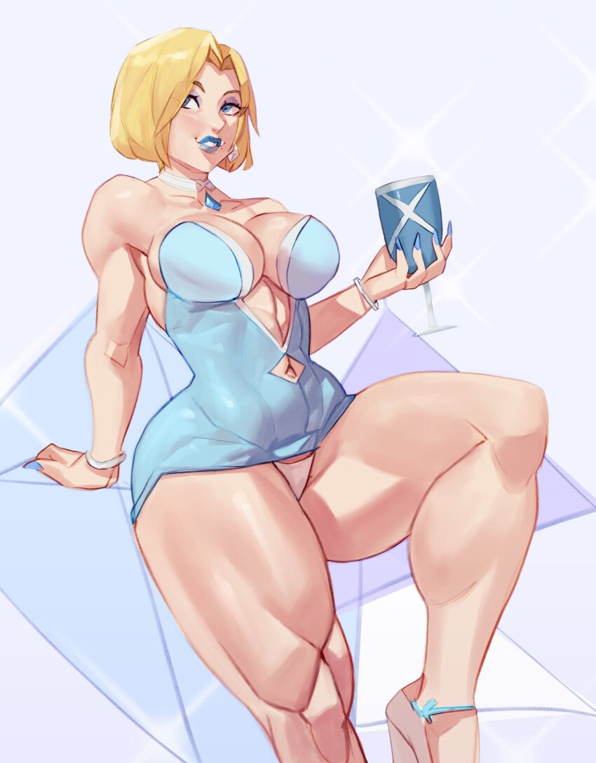 1girl bare_shoulders blonde_hair blue_eyes blue_lips breasts choker cleavage clothing_cutout dlusionalx dress emma_frost highres jewelry large_breasts lipstick looking_at_viewer makeup marvel marvel_rivals minidress navel navel_cutout panties short_hair solo strapless strapless_dress thick_thighs thighs underwear x-men