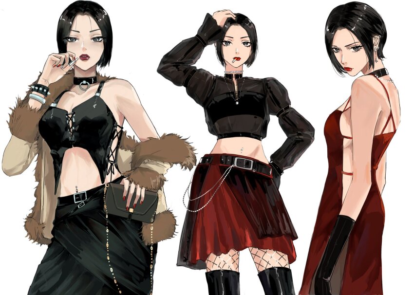 1girl arm_up bag bare_shoulders bead_necklace beads belt black_belt black_boots black_bustier black_collar black_eyes black_gloves black_hair black_shirt black_skirt black_tube_top boots bracelet breasts brown_jacket bustier cigarette closed_mouth collar collarbone commentary cowboy_shot cropped_shirt dress ear_piercing earrings elbow_gloves fishnet_thighhighs fishnets from_side fur-trimmed_jacket fur_trim gloves grey_bag hand_on_own_head handbag hashtag-only_commentary henoopd highres holding holding_bag holding_cigarette jacket jewelry knee_boots long_sleeves looking_at_viewer midriff nana_(series) navel_piercing necklace osaki_nana parted_lips piercing red_dress red_lips red_nails red_skirt see-through_clothes see-through_shirt shirt sideboob simple_background skirt small_breasts spiked_bracelet spikes strapless thighhighs tube_top white_background