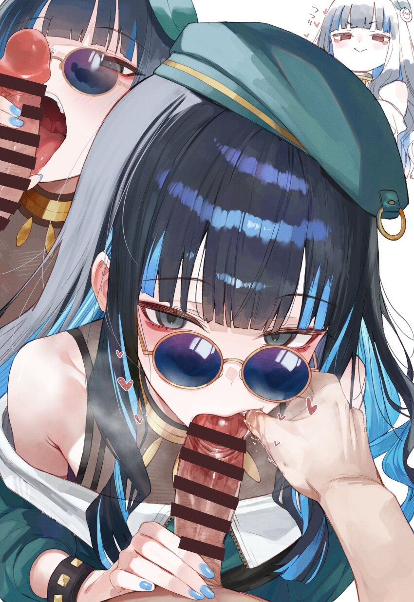 1boy 1girl absurdres bar_censor beret black_hair blue-tinted_eyewear blue_hair blunt_bangs censored colored_inner_hair eyeliner fate/grand_order fate_(series) fellatio finger_in_another&#039;s_mouth green_hat green_jacket grey_eyes hat hetero highres jacket jewelry licking licking_penis long_hair looking_at_viewer looking_over_eyewear makeup multicolored_hair multiple_views neck_ring off_shoulder oral penis saliva sunglasses suujiniku tenochtitlan_(fate) tenochtitlan_(second_ascension)_(fate) tinted_eyewear