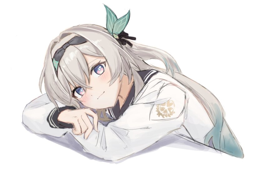 1girl black_ribbon blush collared_shirt doremifasorachi firefly_(honkai:_star_rail) firefly_(spring_missive)_(honkai:_star_rail) gradient_hair grey_hair grey_hairband grey_sailor_collar hair_between_eyes hair_intakes hair_ornament hair_ribbon hairband highres honkai:_star_rail honkai_(series) leaning_to_the_side light_smile long_sleeves multicolored_eyes multicolored_hair ribbon sailor_collar shirt solo two-tone_eyes white_shirt white_sleeves