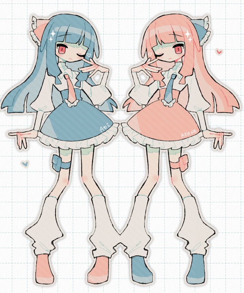 2girls blue_footwear blue_hair blue_necktie blue_ribbon blue_skirt character_name closed_mouth frilled_necktie frilled_ribbon frilled_skirt frills full_body grid_background hair_ribbon hand_up hashtag-only_commentary heart high-waist_skirt highres kotonoha_akane kotonoha_aoi leg_warmers long_hair long_sleeves looking_at_viewer matching_outfits multiple_girls necktie okashira_moppu one_eye_closed pink_hair pink_necktie pink_ribbon pink_shoes pink_skirt pouch puffy_long_sleeves puffy_sleeves red_eyes ribbon shirt shoes siblings sisters skirt sparkle standing symmetry thigh_pouch voiceroid white_background white_leg_warmers white_shirt
