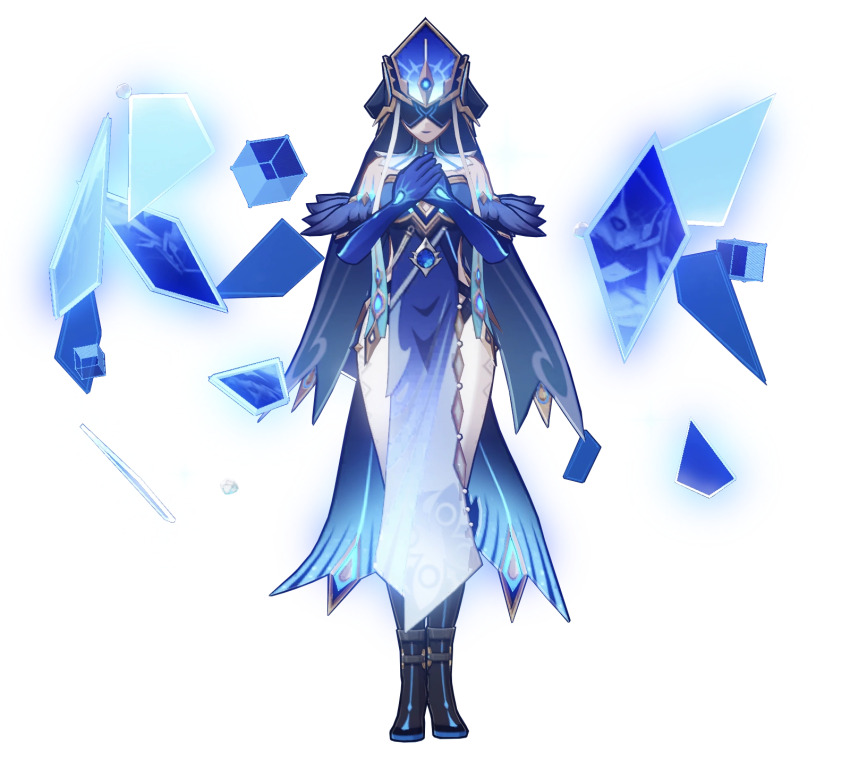 1girl bare_shoulders black_footwear blue_dress blue_gloves blue_hair blue_headwear boots covered_eyes dress elbow_gloves eye_mask facing_viewer fur_trim genshin_impact gloves highres long_hair mask mirror_maiden_(genshin_impact) own_hands_together pelvic_curtain solo standing veil very_long_hair