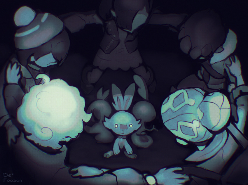 2girls 3boys animal_ears asymmetrical_hair bede_(pokemon) circle_formation dirtyfox911911 gen_8_pokemon gloria_(pokemon) grookey hat highres hop_(pokemon) looking_at_another looking_at_viewer marnie_(pokemon) multiple_boys multiple_girls nintendo pokemon pokemon_(creature) pokemon_swsh rabbit_ears scorbunny signature sobble tam_o&#039;_shanter victor_(pokemon) watch wristwatch