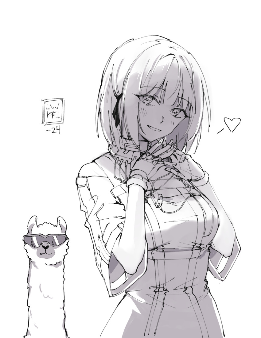 1girl alpaca animal breasts commentary english_commentary girls&#039;_frontline glasses greyscale highres looking_at_viewer luuwruf monochrome parted_lips rpk-16_(girls&#039;_frontline) short_hair simple_background sketch smile sunglasses upper_body