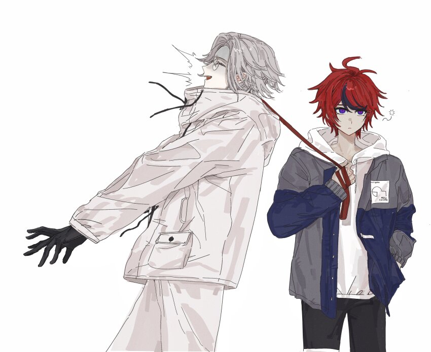 2boys ahoge aotsuki_eito black_gloves black_hair black_pants blue_eyes blue_jacket closed_mouth drawstring glasses gloves grey_hair grey_jacket hand_in_pocket height_difference holding holding_leash hoodie jacket leash leash_pull male_focus messy_hair multicolored_hair multicolored_jacket multiple_boys open_mouth pants red_eyes red_hair standing streaked_hair sumino_takumi the_hundred_line_-last_defense_academy- white_hoodie white_jacket white_pants yaoi