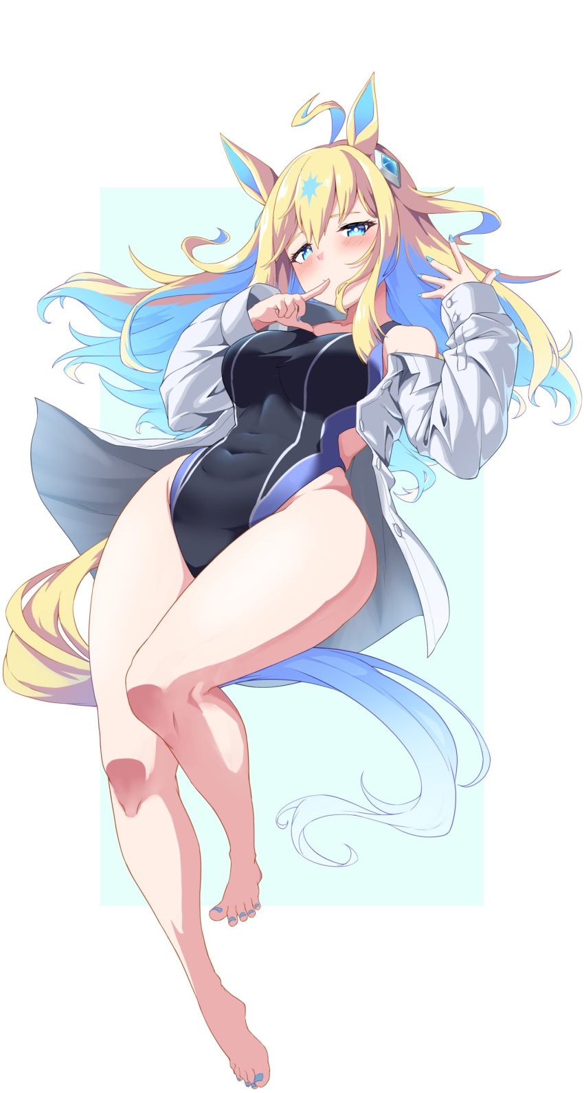 1girl absurdres animal_ears barefoot black_one-piece_swimsuit blonde_hair blue_eyes blue_hair blue_nails breasts collared_shirt colored_inner_hair competition_swimsuit covered_navel dress_shirt finger_in_own_mouth hekahire_isurus highleg highleg_one-piece_swimsuit highres horse_ears horse_girl horse_tail long_hair medium_breasts multicolored_hair nail_polish neo_universe_(umamusume) one-piece_swimsuit open_clothes open_shirt shirt solo swimsuit tail toenail_polish toenails two-tone_tail umamusume white_shirt