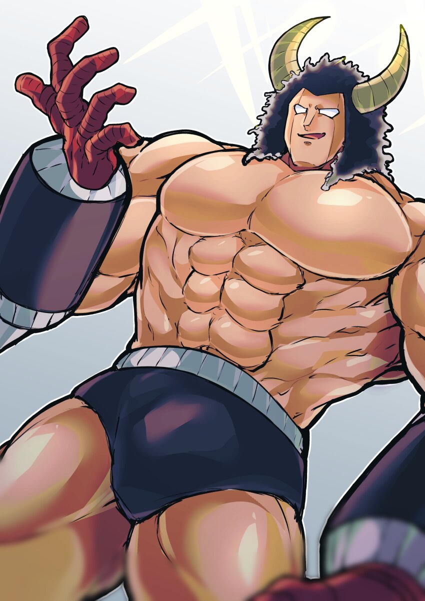 1boy abs absurdres black_pants blurry brown_hair buffaloman commentary_request from_below gloves highres horns kinnikuman male_focus medium_hair muscular muscular_male no_eyebrows no_nipples no_pupils open_mouth otyumamii pants red_gloves sketch solo topless_male