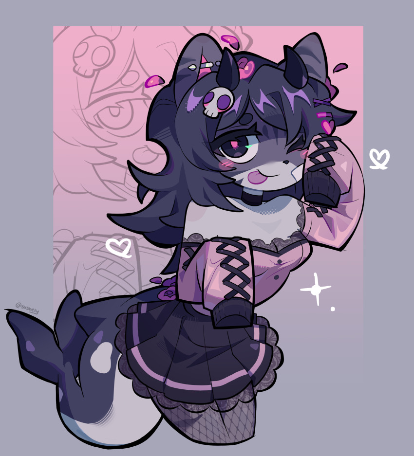 1girl ;p absurdres animal_ears barbell_piercing black_choker black_eyes black_hair black_horns black_lace_trim black_pantyhose black_trim border borrowed_character breasts buttons cat_ears choker closed_mouth cowboy_shot cropped_legs cross-laced_clothes cross-laced_sleeves doodle_inset ear_piercing fading_border fins fish_tail fishnet_pantyhose fishnets flipped_hair furry grey_background grey_fur hair_ornament hands_up heart heart_hair_ornament highres horns industrial_piercing lace_trim leaning_forward legs_together light_blush long_hair off-shoulder_shirt off_shoulder one_eye_closed original outside_border pantyhose petals piercing pink_background pink_petals pink_pupils pleated_skirt purple_skirt sashley see-through_pantyhose shark_tail shirt skirt skull_hair_ornament sleeves_past_fingers sleeves_past_wrists small_breasts small_horns smile sparkle standing tail tongue tongue_out two-tone_fur x_hair_ornament zoom_layer