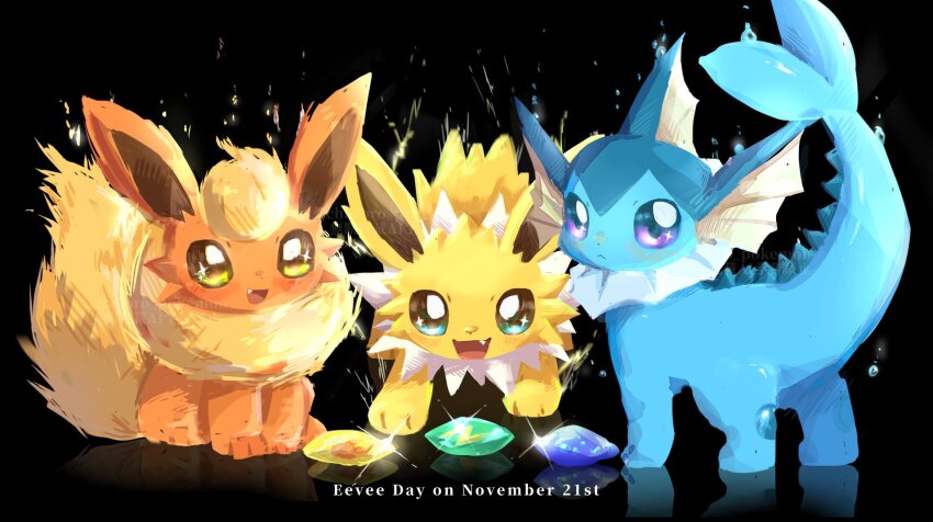 animal_focus aqua_eyes blush chacoro_pokemon closed_mouth commentary evolution_stone evolutionary_stone fang fins fire_stone flareon game_freak gen_1_pokemon head_fins highres jolteon nintendo no_humans pokemon pokemon_(creature) purple_eyes reflection smile spikes thunder_stone vaporeon water_stone yellow_eyes