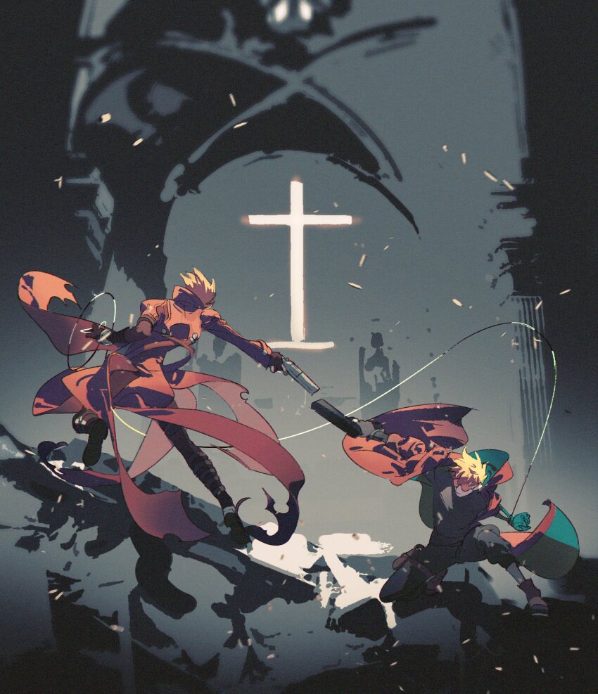2boys agl_arms_.45_long_colt aiming battle black_pants black_shirt blonde_hair blurry boots break-action_revolver coat cross debris depth_of_field dual_persona duel dutch_angle full_body glasses gun handgun highres holding holding_gun holding_weapon jumping long_sleeves looking_at_another low_bore_axis_revolver male_focus mexican_standoff multiple_boys on_one_knee open_clothes open_coat orange-tinted_eyewear outstretched_arm pants prosthesis prosthetic_arm red_coat revolver shirt shoe_soles short_hair smile string tinted_eyewear trigun trigun_stampede vash_the_stampede weapon xmfkdlrjs
