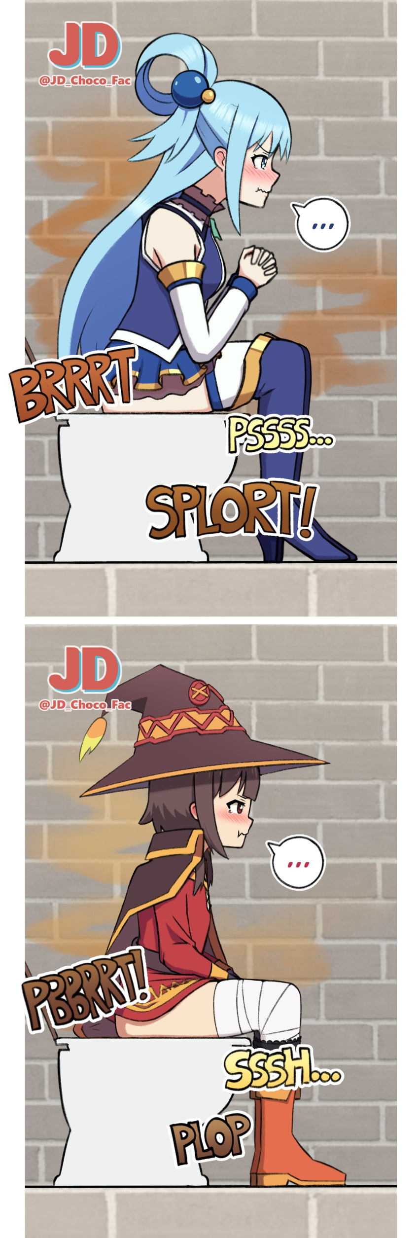 absurdres aqua_(konosuba) ass bad_tag black_hair blue_hair blush boots bottomless cape dress embarrassed fart gassy gassy_female highres jd_(artist) kadokawa kadokawa_shoten kono_subarashii_sekai_ni_shukufuku_wo! loli long_hair magician medium_hair megumin messy_hair no_panties petite ponytail public_restroom sitting smelly_anus studio_deen tears toilet toilet_use wavy_mouth