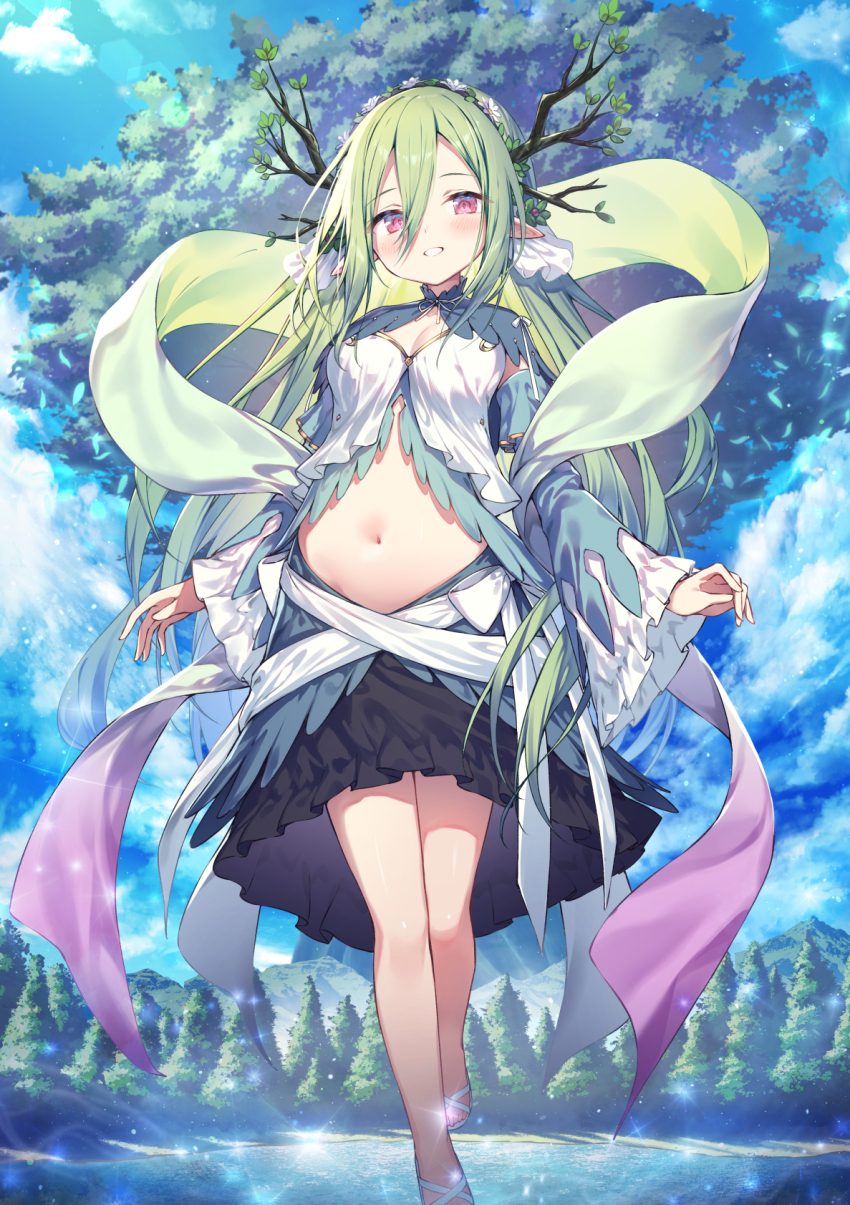 1girl antlers bare_legs black_skirt blue_sky blush breasts cleavage cloud commentary_request day detached_sleeves fantasy floating forest full_body giant_tree green_hair hair_between_eyes highres horns lake leaf long_hair looking_at_viewer medium_breasts midriff mountainous_horizon nature navel original outdoors parted_lips personification pink_eyes pointy_ears sandals shawl skirt sky smile solo sparkle stomach topia tree water white_sandals wide_sleeves yggdrasil