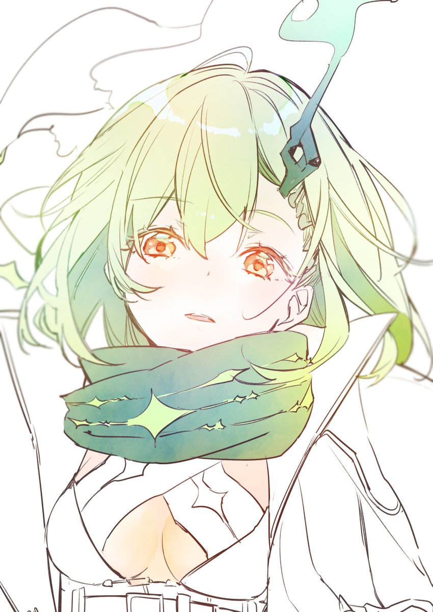 1girl absurdres bad_id bad_twitter_id blush breasts cleavage green_hair hair_ornament hairclip highres ill_games22 jacket little_match_girl_(sinoalice) looking_at_viewer open_mouth partially_colored red_eyes sad scarf short_hair simple_background sinoalice sketch solo white_background