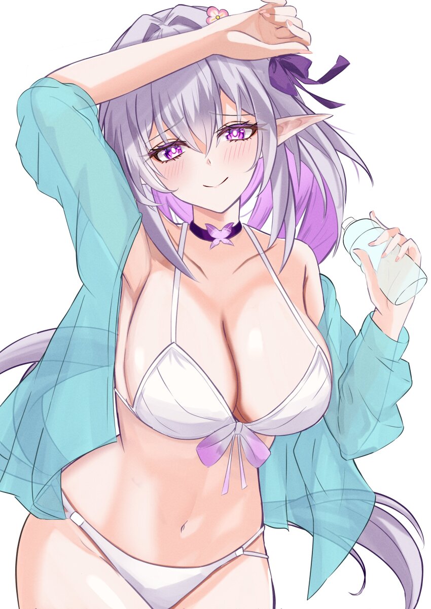 1girl absurdres bikini black_choker blue_jacket bottle breasts castorice_(honkai:_star_rail) choker cleavage commentary_request cowboy_shot highres holding holding_bottle honkai:_star_rail honkai_(series) jacket large_breasts looking_at_viewer navel nekka_(87398o9514) pointy_ears purple_eyes purple_hair simple_background smile solo stomach swimsuit thighs water_bottle white_background white_bikini
