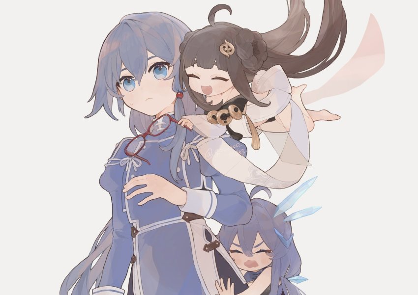 3girls :d black_hair blue_eyes blue_shirt book_of_fuxi brown_hair china_dress chinese_clothes closed_mouth dress fu_hua fu_hua_(valkyrie_accipiter) glasses grey_background highres honkai_(series) honkai_impact_3rd long_hair long_sleeves mogomaco multiple_girls open_mouth ponytail shirt simple_background smile water&#039;s_edge