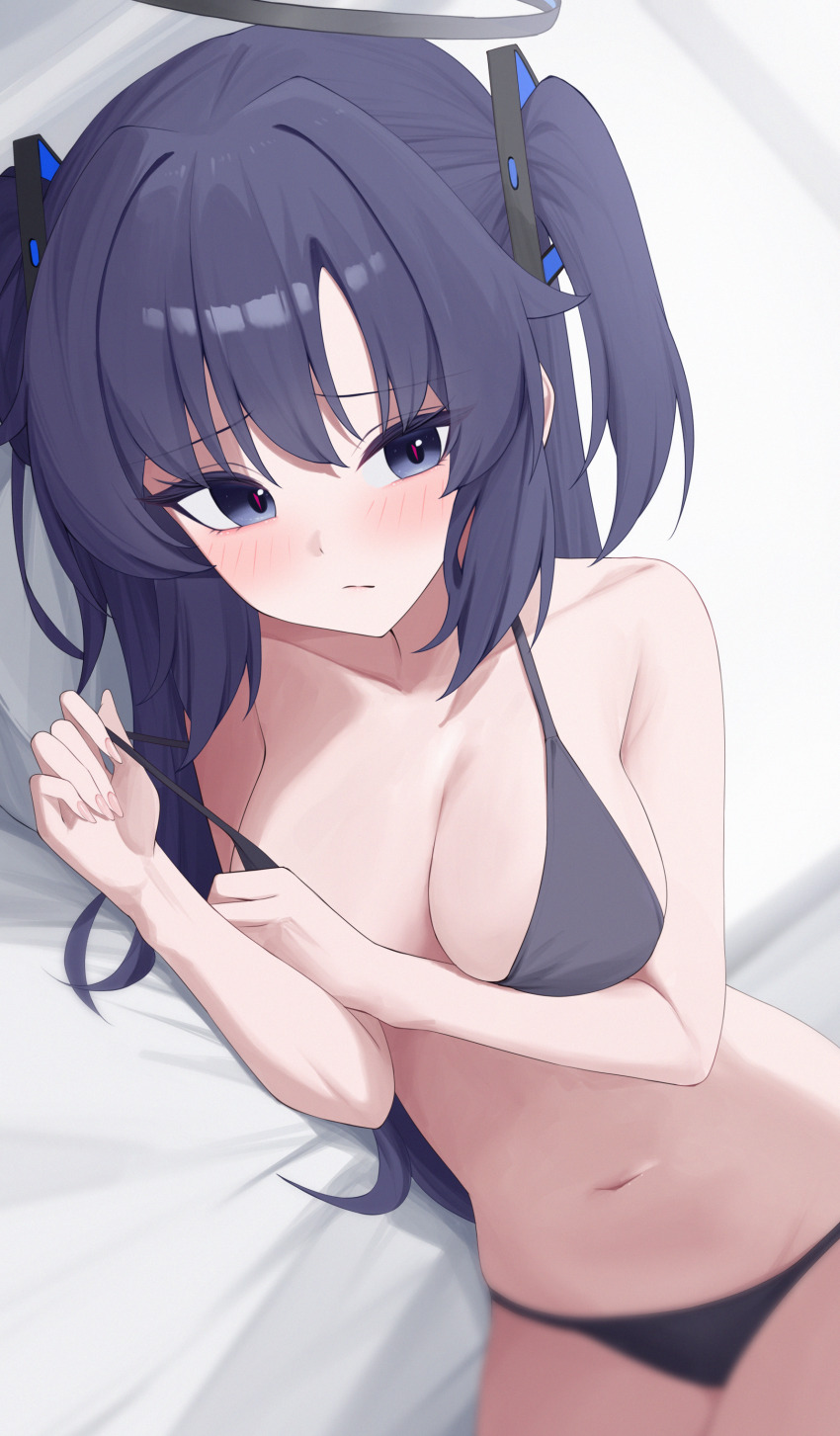1girl absurdres bikini black_bikini black_halo blue_archive blue_eyes blue_hair breasts halo highres long_hair looking_at_viewer lying medium_breasts navel on_side sei_(0724sei6) solo swimsuit two_side_up yuuka_(blue_archive)