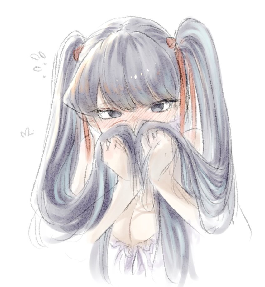 1girl black_eyes black_hair blush breasts cleavage commentary_request grabbing_own_hair highres komi-san_wa_komyushou_desu komi_shouko large_breasts long_hair looking_at_viewer mitsugu nose_blush simple_background solo twintails white_background