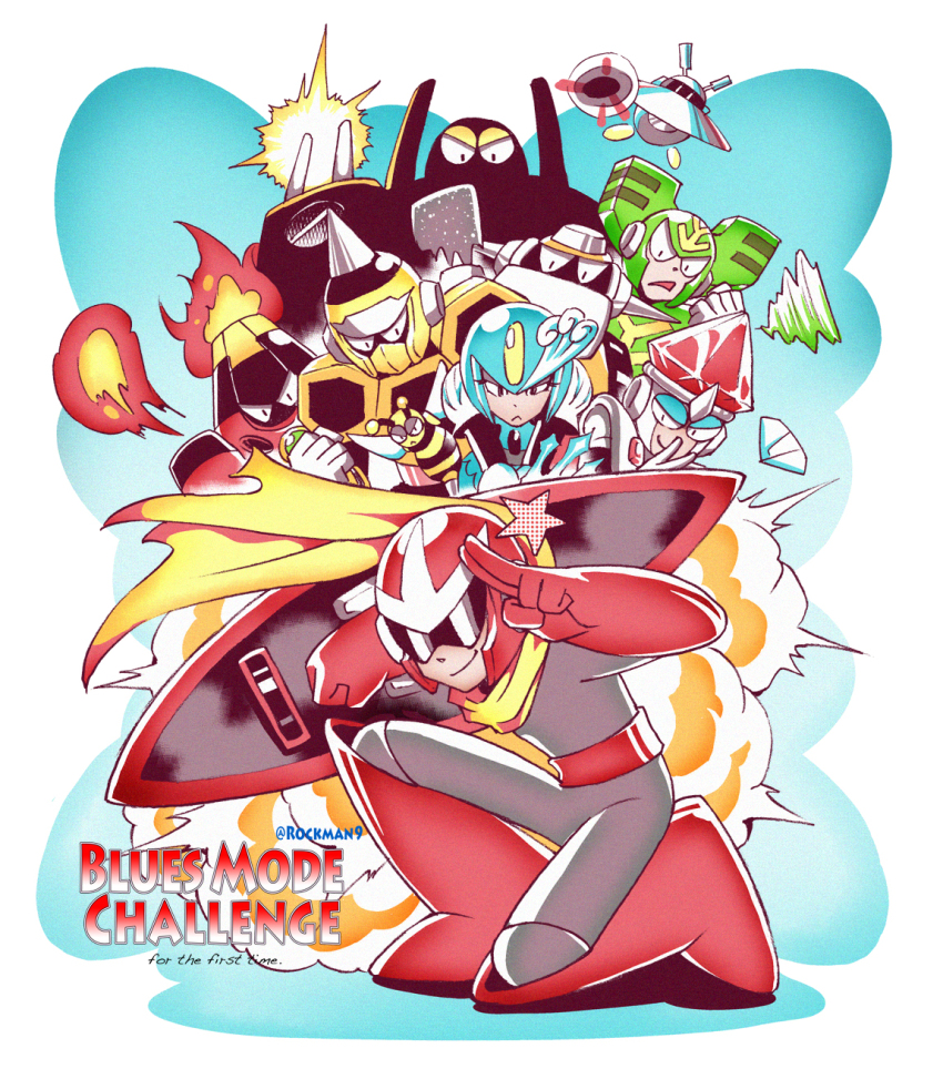 ._. 1girl 6+boys b_no_hito bee blocking bug commentary_request concrete_man english_text fire floating galaxy_man gem helmet highres hornet_man incoming_attack insect jewel_man kneeling looking_at_viewer magma_man mega_man_(classic) mega_man_(series) mega_man_9 multiple_boys plug_man proto_man robot salute shield smile splash_woman sunglasses tornado tornado_man two-finger_salute