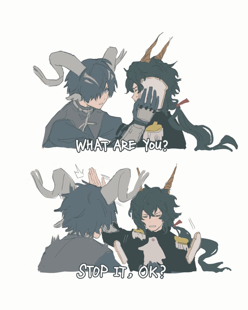 2boys ^^^ animal_ears arknights ascot black_hair black_jacket blue_eyes bonk bread bread_slice chinese_commentary closed_eyes commentary_request cropped_torso ebenholz_(arknights) english_text epaulettes food gloves goat_boy goat_ears goat_horns grey_gloves grey_hair grey_vest hair_over_one_eye highres holding holding_food horns idiot_sandwich_(meme) jacket lessing_(arknights) long_hair male_focus mao_ke meme multiple_boys simple_background vest white_ascot white_background