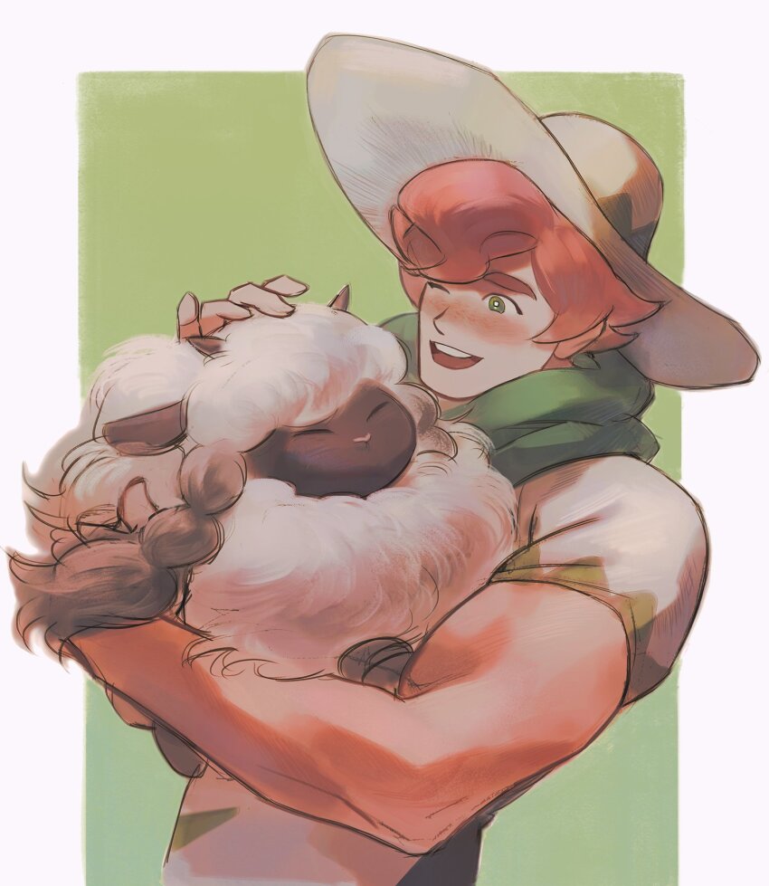 1boy animal_ears bbbbucks blush closed_eyes commentary_request freckles gen_8_pokemon green_eyes green_scarf hat heart-shaped_nose highres holding holding_pokemon horns korean_commentary male_focus milo_(pokemon) muscular muscular_male nintendo one_eye_closed open_mouth orange_hair pokemon pokemon_(creature) pokemon_swsh scarf sheep sheep_ears sheep_horns shirt short_sleeves solo teeth thick_eyebrows upper_body upper_teeth_only wooloo