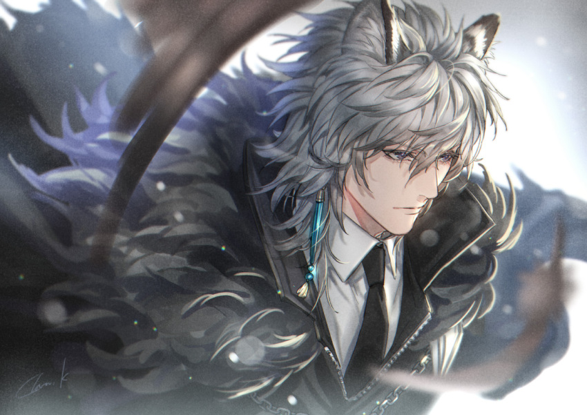 1boy animal_ears arknights black_fur black_jacket black_necktie closed_mouth collared_shirt commentary_request earrings fur-trimmed_jacket fur_trim grey_eyes grey_hair jacket jewelry kuroba.k light_particles long_hair looking_ahead male_focus necktie piercing shirt silverash_(arknights) single_earring solo unzipped upper_body white_shirt wing_collar zipper