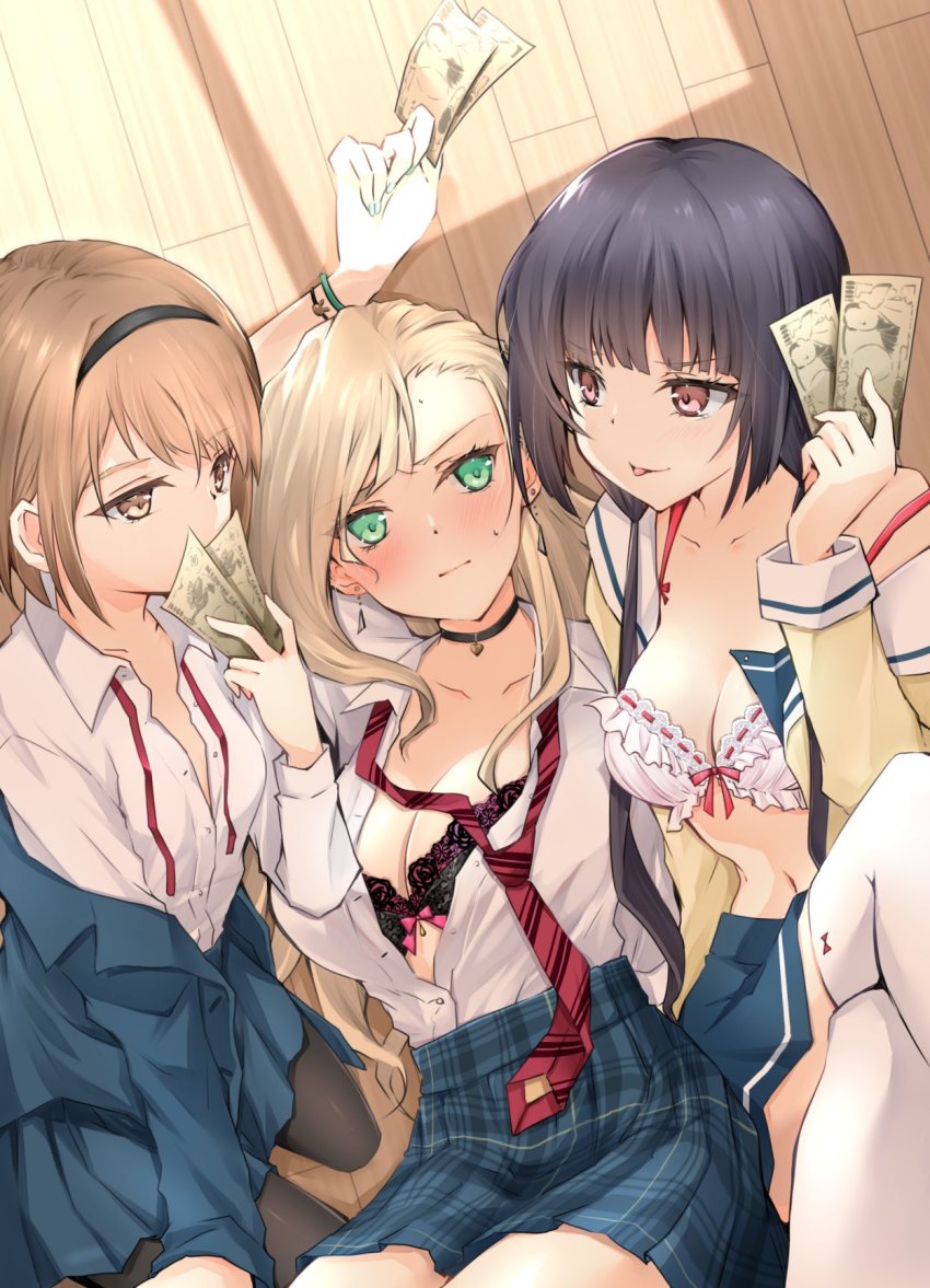 3girls arm_up banknote black_bra black_hair black_hairband blonde_hair blue_jacket blue_skirt blush bra bracelet brown_hair closed_mouth collarbone collared_shirt crossed_legs dress_shirt embarrassed from_above green_eyes hairband highres holding jacket jewelry long_hair long_sleeves lying miniskirt money multiple_girls navel neck_ribbon on_back open_clothes open_shirt orico orico_(nicolai) original partially_unbuttoned pink_eyes plaid_clothes plaid_skirt pleated_skirt red_ribbon ribbon shirt short_hair skirt sweatdrop thighhighs tongue tongue_out underwear very_long_hair white_bra white_shirt white_thighhighs wing_collar yellow_eyes zettai_ryouiki