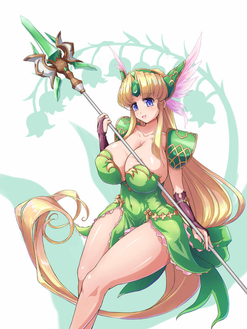 1girl armor blonde_hair blue_eyes breasts bridal_gauntlets cleavage collarbone covered_erect_nipples covered_navel dress forehead_jewel green_dress helmet highres holding holding_weapon huge_breasts long_hair low-tied_long_hair open_mouth pauldrons polearm raochuu riesz seiken_densetsu seiken_densetsu_3 shoulder_armor smile solo spear thighs very_long_hair weapon winged_helmet