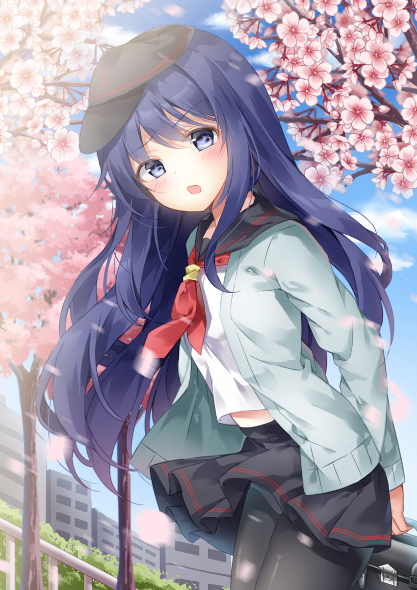 1girl akatsuki_(kancolle) akatsuki_kai_ni_(kancolle) bag black_hat black_pantyhose blush cowboy_shot day female_focus flat_cap hat highres holding holding_bag kantai_collection long_hair midriff_peek neckerchief open_mouth pantyhose purple_eyes purple_hair red_neckerchief school_uniform serafuku solo sugisaki_yuu