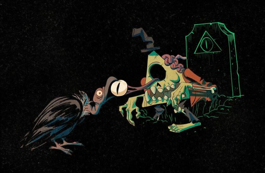 1boy 1other barefoot bill_cipher bird black_background black_bird black_hat black_wings bone book_of_bill brain brown_pants cheekbones death disney exposed_bone exposed_brain eye_print eyeball fingernails full_body grave gravity_falls green_outline hat holding_eyeball hole jacket joe_pitt jpeg_artifacts moire mouth_hold no_humans no_nose official_art open_mouth outline pants red_eyes red_jacket red_sleeves scavenger stitched_face stitches teeth toenails toes tombstone tongue top_hat torn_clothes torn_pants torn_sleeves triangle triangle_print vulture wings zombie