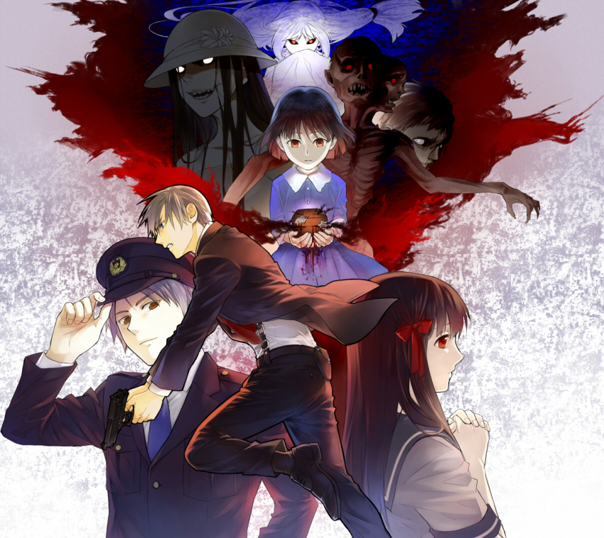 beretta_92 black_hair blunt_bangs dress formal_clothes glasgow_smile grey_hair gun hair_ribbon handgun himeno_mikoto himuro_hitoshi japanese_urban_legends kaii_shoukougun kaii_shoukougun_2 kajiro_haruko kogure_shinichi kuchisake-onna necktie police police_uniform rh0012 ribbon school_uniform serafuku short_hair urban_legend weapon