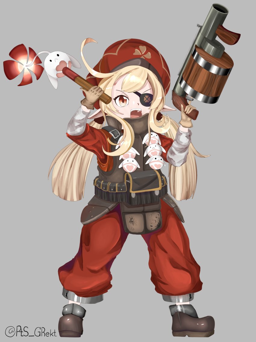 absurdres blonde_hair bomb bomber_hat child cosplay crossover demoman_(tf2) elf explosive eyepatch genshin_impact god_help_us grenade grenade_launcher hat highres klee_(genshin_impact) meme military military_uniform military_vehicle orange_eyes parody pointy_ears team_fortress_2 twintails weapon