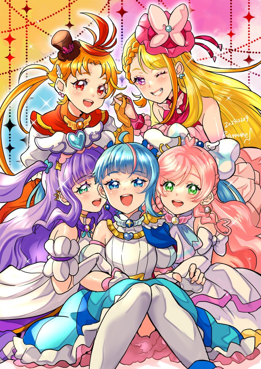 1boy 4girls aqua_eyes ascot blue_cape blue_eyes blue_hair bow braid braided_sidelock brooch butterfly_hat_ornament cape cure_butterfly cure_majesty cure_prism cure_sky cure_wing detached_sleeves dress dress_bow earrings elbow_gloves ellee-chan glove_bow gloves green_eyes hair_ornament hat hat_ornament highres hijiri_ageha hirogaru_sky!_precure jewelry long_hair looking_at_viewer magical_boy magical_girl medium_dress mini_hat mini_top_hat multiple_girls nijigaoka_mashiro open_mouth orange_gloves orange_hair pink_hair precure puffy_detached_sleeves puffy_short_sleeves puffy_sleeves purple_dress purple_hair red_eyes satou_ramune short_sleeves sitting skirt sky_mirage smile solo sora_harewataru thighhighs top_hat twintails two-sided_cape two-sided_fabric two_side_up very_long_hair white_ascot white_bow white_dress white_gloves white_thighhighs wing_brooch wing_hair_ornament yuunagi_tsubasa