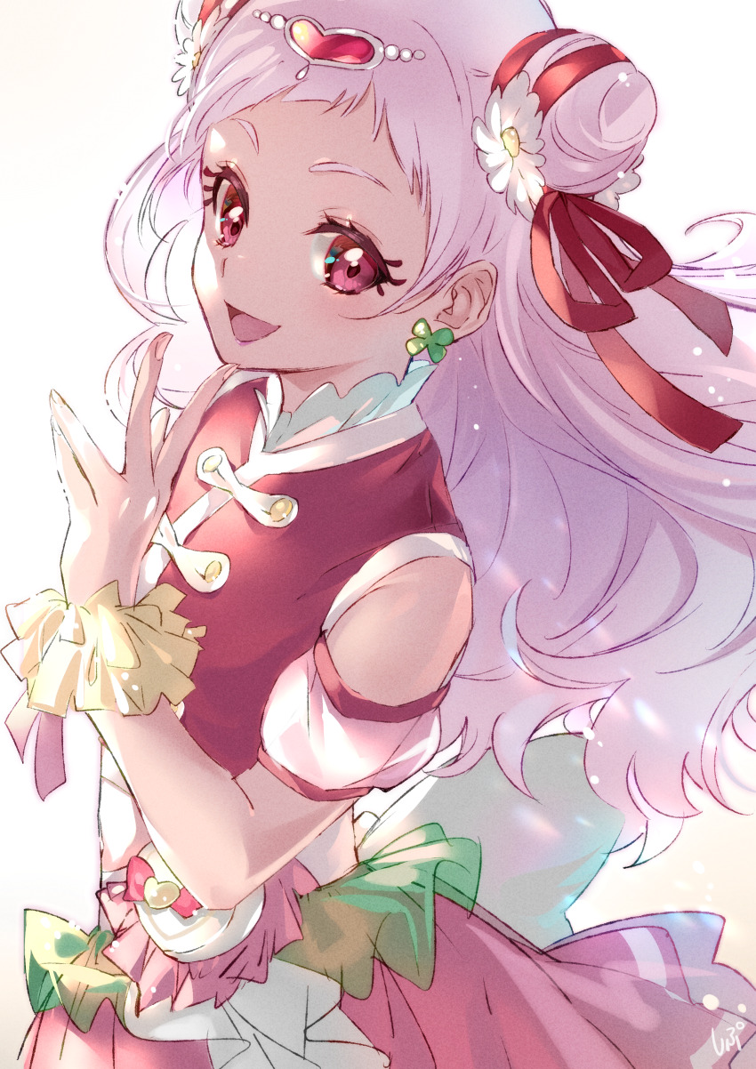 1girl :d absurdres cure_yell detached_sleeves double_bun earrings flower hair_bun hair_flower hair_ornament hair_ribbon highres hugtto!_precure jewelry long_hair makeup mascara miniskirt nono_hana open_mouth pink_hair pink_skirt pleated_skirt precure red_eyes red_ribbon red_vest ribbon shipu_(gassyumaron) short_sleeves simple_background skirt smile solo vest white_background white_flower white_sleeves wrist_cuffs