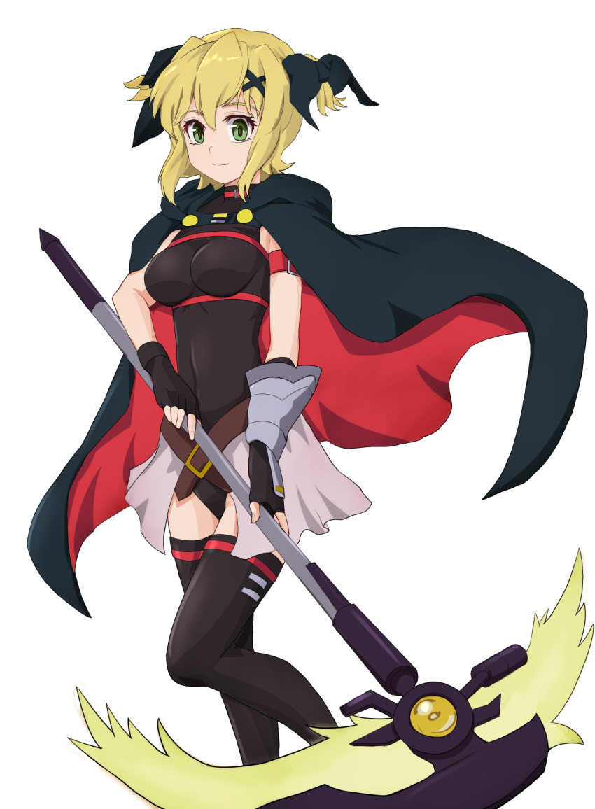 1girl akatsuki_kirika bardiche_(nanoha) bardiche_(scythe_form)_(nanoha) belt black_leotard blonde_hair blush breasts cape cosplay covered_navel fate_testarossa fate_testarossa_(cosplay) fate_testarossa_(lightning_form) gloves green_eyes hair_ornament hair_ribbon highres leotard looking_at_viewer magical_girl medium_breasts ribbon senki_zesshou_symphogear short_hair skirt smile solo suzunarisakuya thighhighs twintails x_hair_ornament