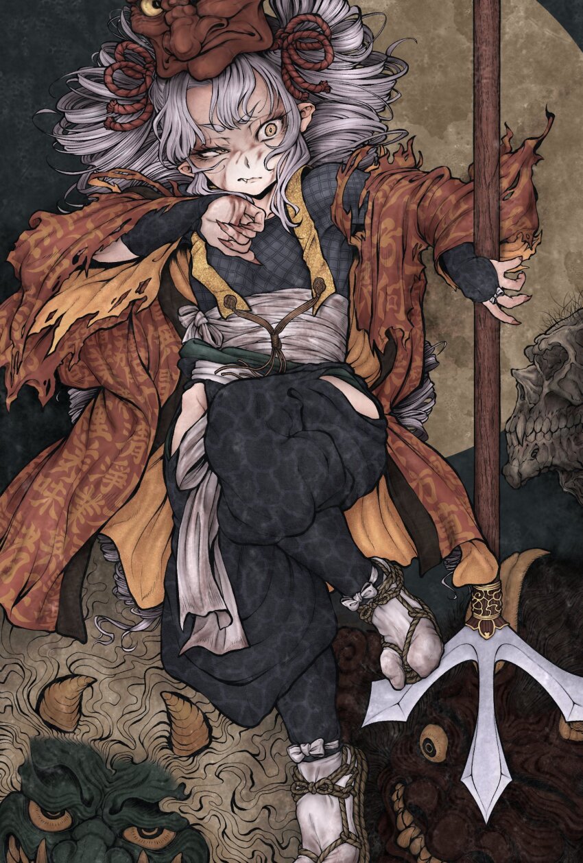 1girl :/ armor black_hakama blood blood_on_face blood_on_hands closed_mouth commentary_request drill_hair eyelashes fang fingernails fishnet_top fishnets floating_hair foot_up full_body gashadokuro glaring grey_hair hakama hakama_pants highres hip_bones hip_vent holding holding_polearm holding_weapon japanese_armor japanese_clothes juumonji_yari kote kurokote long_hair looking_at_viewer mask mask_on_head miazuma_sarin midriff_sarashi oni pants pointy_ears polearm sandals sarashi sharp_fingernails short_eyebrows sidelocks slit_pupils solo tabi text_print toe_scrunch torn_clothes traditional_youkai translation_request tsuina-chan twin_drills uneven_eyes v-shaped_eyebrows very_long_hair voiceroid weapon wiping_blood yari yellow_eyes zouri
