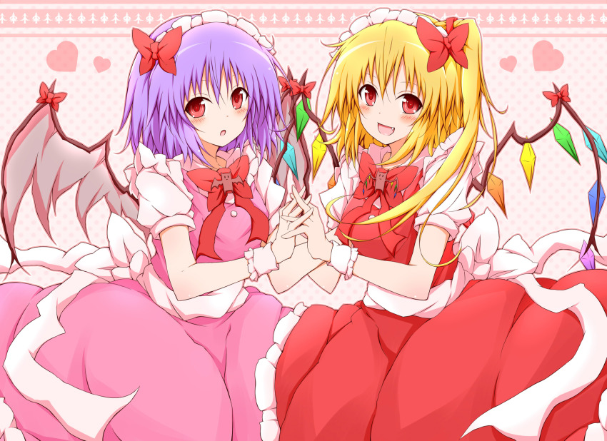2girls adapted_costume bad_id bad_pixiv_id bat_(animal) bat_wings bow dress fang female_focus flandre_scarlet flandre_scarlet_(bat) hair_bow holding_hands hat heart highres karamoneeze looking_at_viewer maid_headdress multiple_girls open_mouth pink_dress polka_dot polka_dot_background purple_hair red_dress red_eyes remilia_scarlet remilia_scarlet_(bat) sash siblings side_ponytail sisters sitting smile thighhighs touhou wing_ribbon wings wrist_cuffs