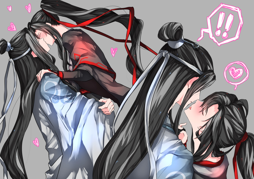 ! !! 2boys absurdres ahoge androgynous black_hair black_hanfu blush chinese_clothes closed_eyes couple grey_background hair_ribbon hanfu headband heart highres holding_another&#039;s_hair hug imminent_kiss kiss lan_wangji long_hair long_sleeves male_focus modao_zushi multiple_boys multiple_views naruse_(kmk648) parted_lips ponytail profile red_ribbon ribbon robe sidelocks spoken_exclamation_mark spoken_heart tongue tongue_out topknot very_long_hair wei_wuxian white_hanfu white_headband wide_sleeves xiao_guan_(headdress) yaoi