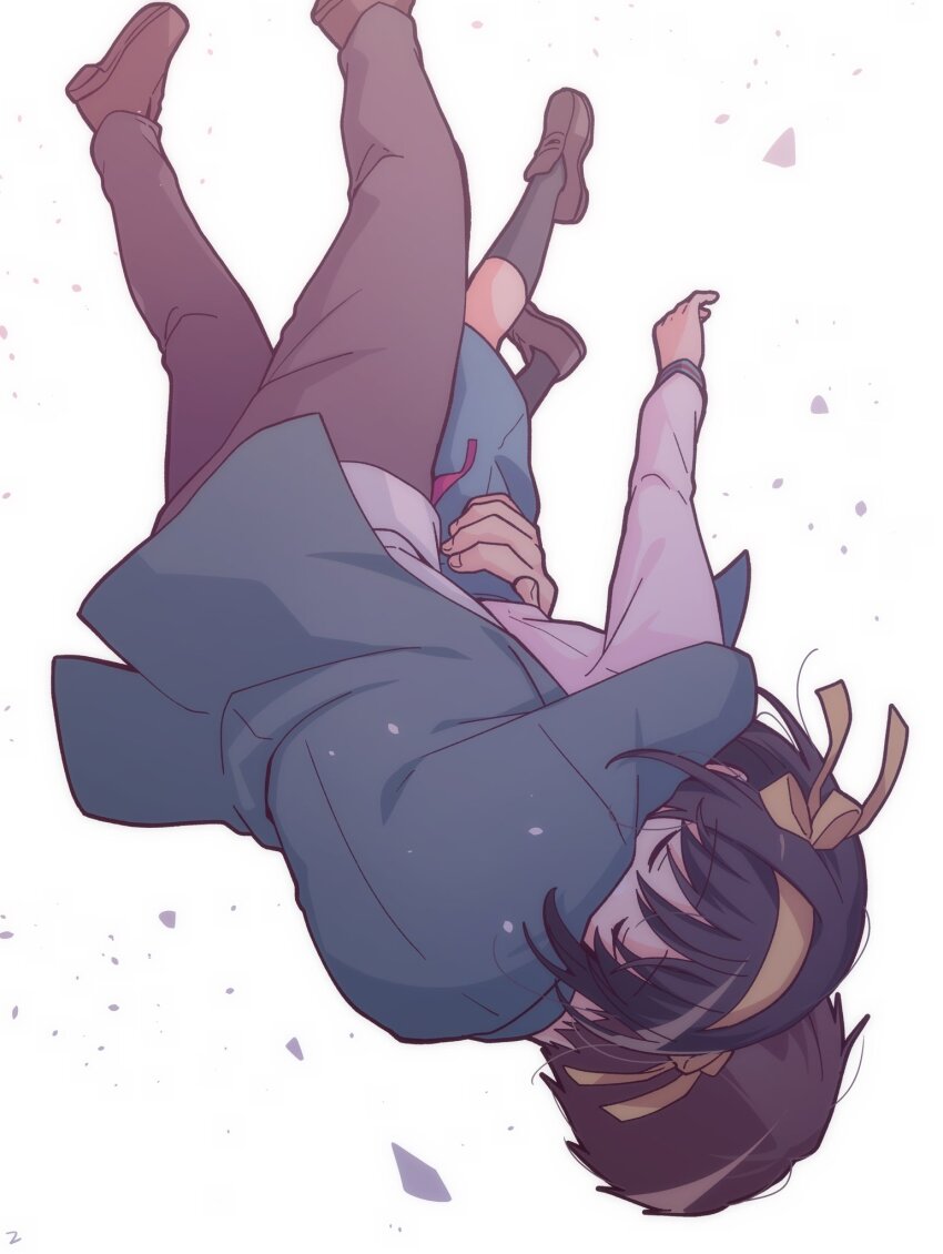 1boy 1girl blazer blue_sailor_collar blue_skirt brown_hair brown_pants closed_eyes commentary_request green_jacket hair_ribbon hairband highres hug jacket kita_high_school_uniform kyon long_sleeves medium_hair pants red_ribbon ribbon sailor_collar school_uniform serafuku short_hair simple_background skirt suzumiya_haruhi suzumiya_haruhi_no_yuuutsu taiki_(6240taiki) upside-down white_background winter_uniform yellow_hairband yellow_ribbon
