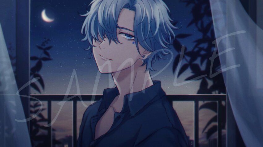 1boy black_shirt blue_eyes blue_hair blurry blurry_background character_request cloud cloudy_sky collarbone commentary_request copyright_request crescent_moon curtains earrings facial_mark gradient_sky hair_over_one_eye highres jewelry looking_at_viewer male_focus moon moxamog night night_sky portrait railing sample_watermark shirt short_hair sky skyline smile solo star_(sky) star_(symbol) star_facial_mark starry_sky stud_earrings watermark