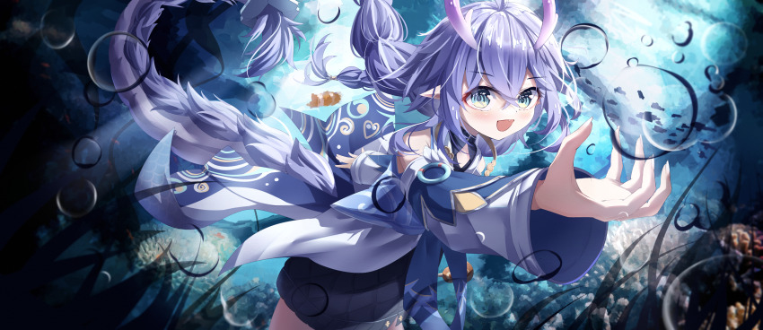 1girl absurdres bailu_(honkai:_star_rail) blush bubble chinese_clothes clownfish detached_sleeves dragon_girl dragon_horns dragon_tail eastern_dragon_horns eastern_dragon_tail fish green_eyes hair_between_eyes highres honkai:_star_rail honkai_(series) horns open_mouth pointy_ears purple_hair shi3 smile solo tail underwater