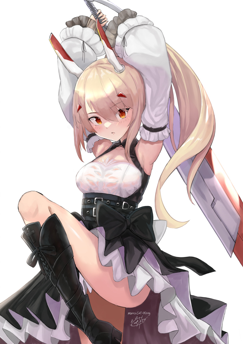 1girl absurdres armpits arms_up ass ayanami_(azur_lane) ayanami_(nightfall_raiment)_(azur_lane) azur_lane belt black_boots boots commentary detached_sleeves fighting_stance hair_between_eyes hair_ornament hairclip headgear highres holding holding_sword holding_weapon knee_boots light_brown_hair long_hair long_sleeves looking_at_viewer md5_mismatch mg42cat-k1ng official_alternate_costume orange_eyes parted_lips ponytail retrofit_(azur_lane) side_slit sidelocks simple_background solo standing standing_on_one_leg sword two-handed_sword weapon white_background wide_sleeves