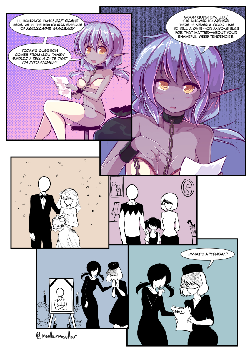 1boy 3girls blue_hair bra breasts bridal_veil bride brown_eyes chain collar colored_skin comic couple cuffs cuffs-to-collar death dress elf elf_slave_(maullarmaullar) english_text faceless faceless_female faceless_male family gradient_background halftone halftone_background highres large_breasts linked_collar long_hair low_twintails maullarmaullar multiple_girls original panties pointy_ears purple_skin shackles simple_background slave solo_focus strapless strapless_bra tenga thighhighs truth twintails underwear underwear_only veil wedding wedding_dress