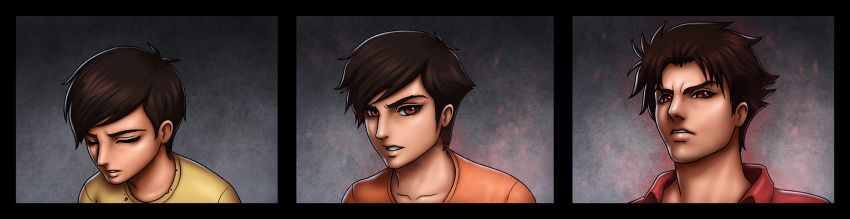 1boy age_progression aura brown_eyes brown_hair closed_eyes collarbone collared_shirt highres male_focus multiple_views original portrait sam_delatore shirt t-shirt