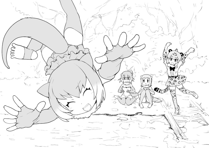 10s 4girls animal_ears arms_up bare_shoulders bow eurasian_otter_(kemono_friends) closed_eyes fingerless_gloves fur_collar glasses gloves greyscale jaguar_(kemono_friends) jaguar_ears leopard_print jaguar_tail japanese_otter_(kemono_friends) kemono_friends knees_to_chest knees_together_feet_apart leotard mizu monochrome multicolored_hair multiple_girls one-piece_swimsuit open_mouth otter_ears otter_tail seiza short_hair short_sleeves sitting small-clawed_otter_(kemono_friends) smile standing standing_on_one_leg strapless strapless_leotard swimsuit tail thighhighs throwing toeless_legwear