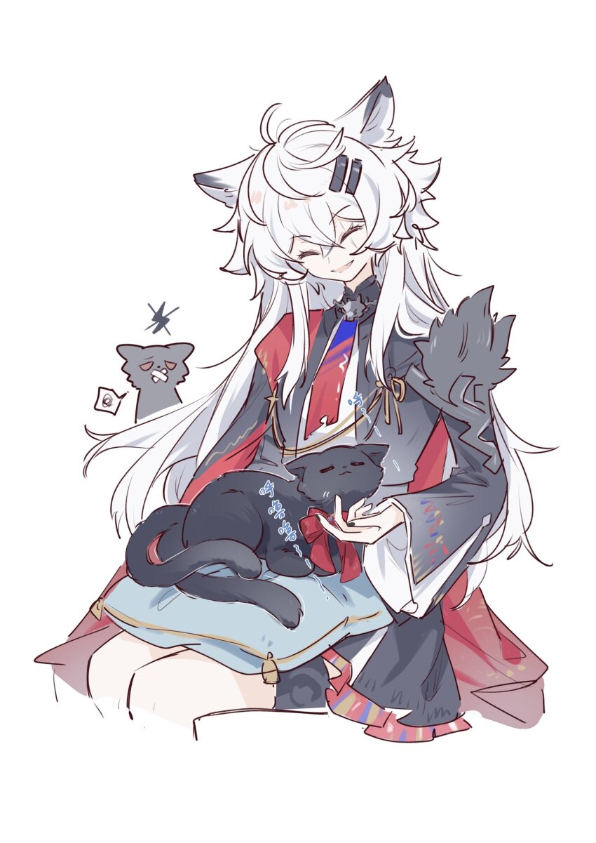 1girl animal animal_ears arknights black_cat black_dress bow cape cat chinese_commentary closed_eyes commentary_request dress grey_cat hair_between_eyes hair_ornament hairclip highres kaleka lappland_(arknights) lappland_the_decadenza_(arknights) long_hair long_sleeves official_alternate_costume pillow red_bow red_cape scar scar_across_eye scar_on_face short_dress simple_background sitting smile solo tail translation_request white_background white_hair wolf_ears wolf_girl wolf_tail