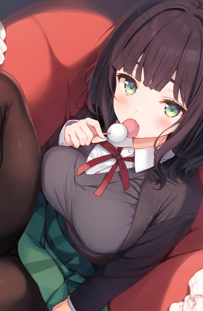 1girl black_hair black_jacket black_pantyhose blunt_bangs breasts chair collared_shirt commentary_request dango easy_chair eating food foodie_girl_(komone_ushio) green_eyes green_skirt grey_sweater_vest highres jacket komone_ushio large_breasts light_blush long_sleeves looking_at_viewer medium_hair original pantyhose plaid_clothes plaid_skirt pleated_skirt red_ribbon ribbed_socks ribbon sanshoku_dango school_uniform shirt sitting skirt socks solo sweater_vest taut_sweater unworn_socks upskirt wagashi white_shirt white_socks